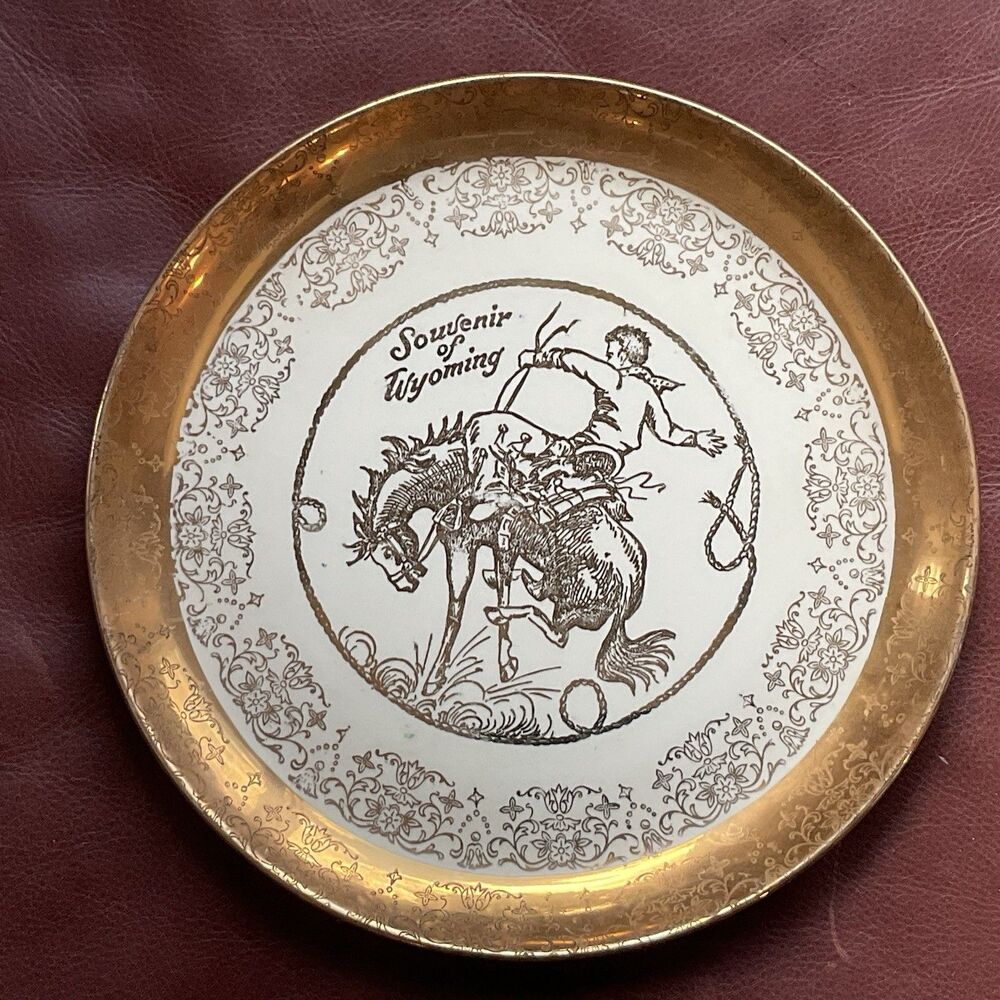Wyoming Souvenir Collector Plate 10” Bronco Busters Vintage Gold Gilt 1950-60s